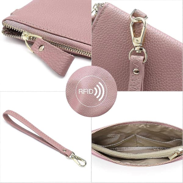 Håndledstaske til kvinder, RFID-blokerende clutchtasker til kvinder, ægte læder håndtasker til kvinder med håndledsrem og lynlåslomme til mønter Dark Pink