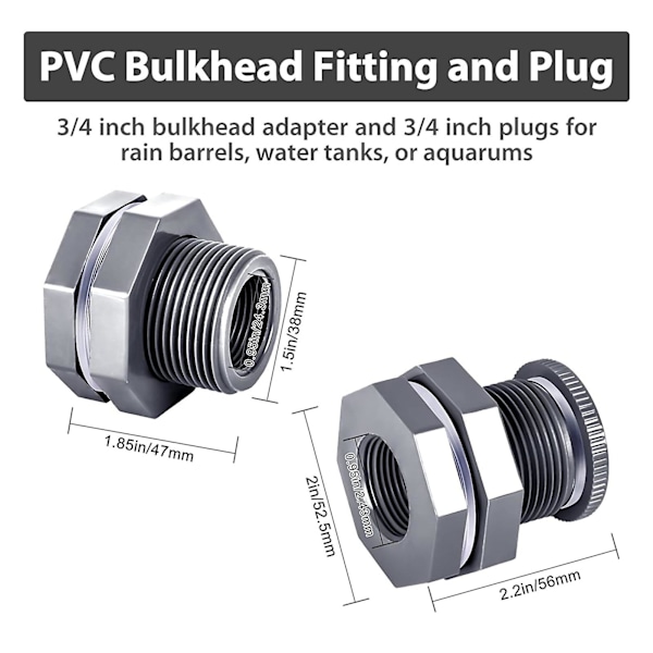 3/4 tum Skottgenomföring Vattentankanslutning Utmärkt Tätning PVC Genomföring För Regntunnor Vattentankar 4pcs