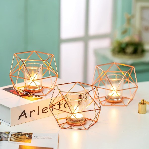 Rose Lysestake - Sett med 2 Bryllups Midtpunkt Tealight Holdere Geometrisk Moderne Design Bursdag Hjem Dekorasjon Metall