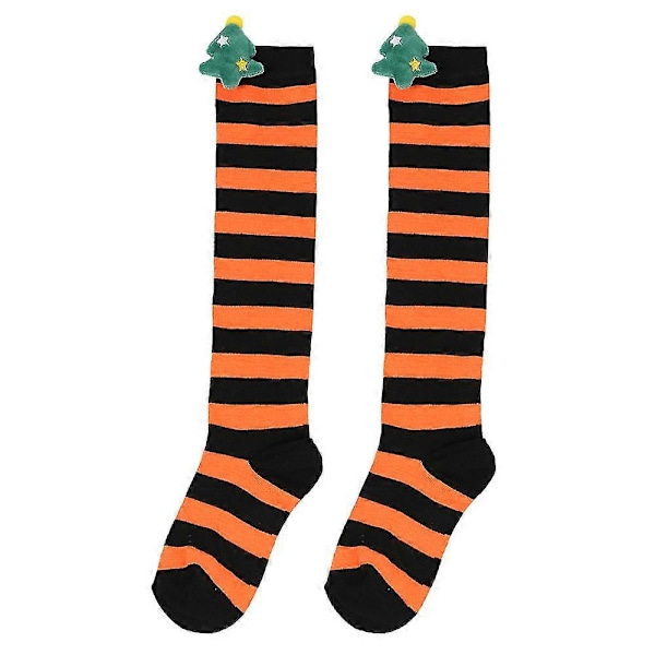 Nye efterårs- og vinterbørns julestrømper, søde plysdukkestrømper, knæstrømper, stribede strømper, tegneseriedukkestrømper orange blacked Christmas tree