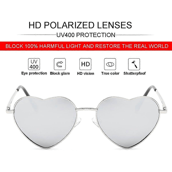 SDIGV Polariserede Hjerte Solbriller til Kvinder, Moderigtig Dejlig Stil Metalramme UV400 Beskyttelseslinse Silver Silver Mirror