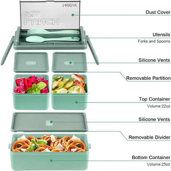 Aikuisten Lounasrasia, 49OZ Bento-laatikko Pinottava, Vuotamaton Aikuisten Bento-laatikko Irrotettavilla Osastoilla, Bento-laatikko Lounasrasia Green