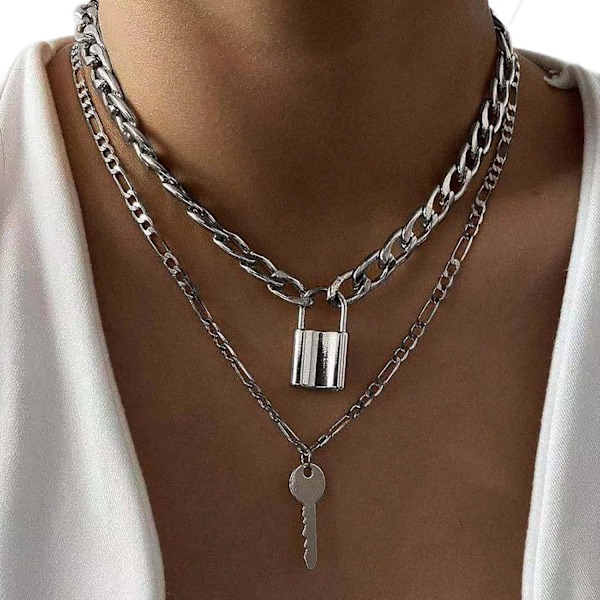 Punk Kæde Cubansk Kraftig Choker Sølv Lagdelte Halskæder Lås Halskæde Vedhæng Nøgle Halskæder Flad Kantstensled Kæde Tyk Kæde B