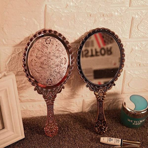 2 stk Retro Design Sminke Speil Håndtak Lommespeil med Håndtak, Vintage Oval Speil, Håndspeil, Sminke Skjønnhetsverktøy Lite Speil