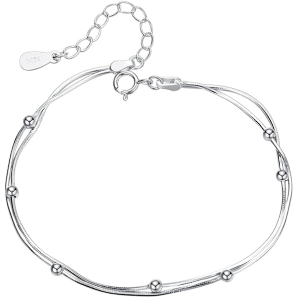 Armband för kvinnor, i 925 sterlingsilver, dubbelkedja med pärlor, justerbar upp till 19 cm, 19 centimeter, Sterlingsilver