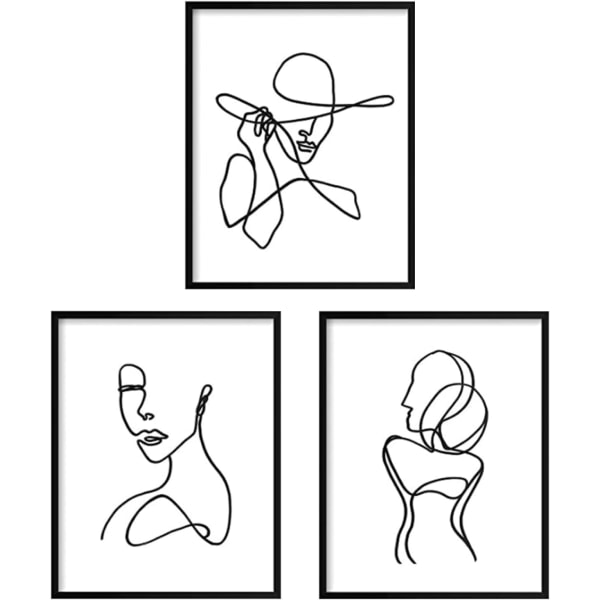 3 stk. Plakater Minimalistisk Stregkunst Print Abstrakt Streg Vægkunst Kunstplakat Vandtæt Sort og Hvid Ansigtstegning Malerier Billede - Uden Ramme