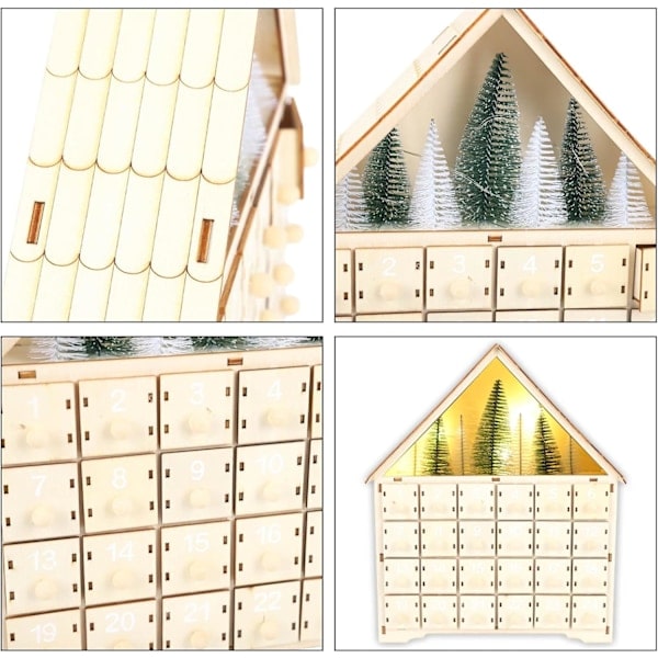 Träjulkalender med 24 lådor, LED-belysning, juldekoration