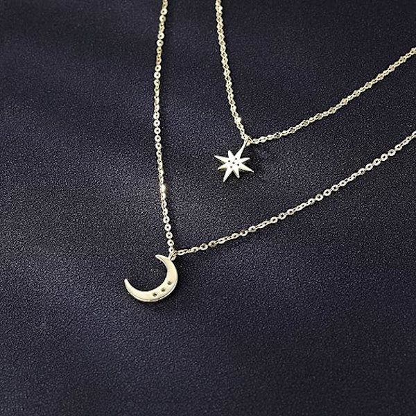 925 Sterling Sølv Lagdelt Halskjede for Kvinner Tenåringsjenter Stjerne Måne Halskjede Dobbelt Halskjeder Kjede Choker Halskjede Gold