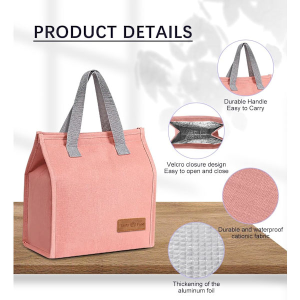 Lunsjposer for Kvinner Menn, Bærbar Isolerende Lunsjpose Vannresistent Lekkasjesikker Lunsjboks Tote Bag for Barn Jenter Gutter Voksne Pink