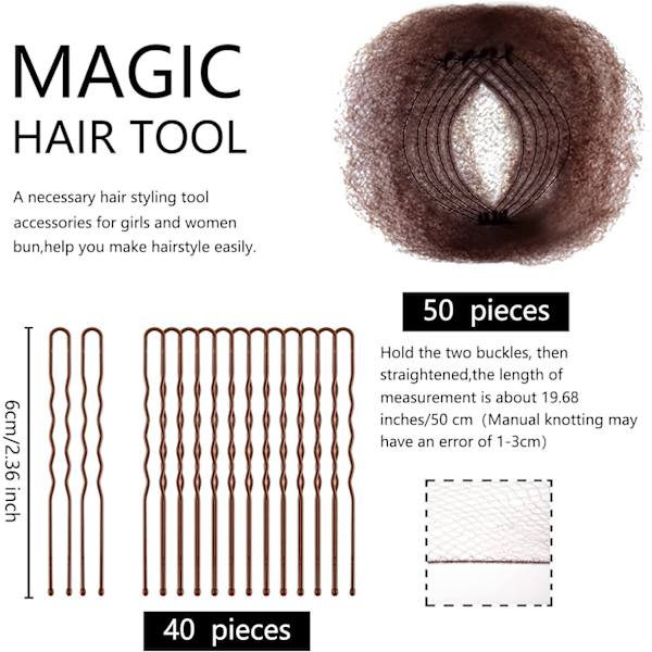 Hårnät Osynlig Elastisk Kant Nät och U-formade Nålar Set, 50 st 50cm Individuell Förpackning Osynliga Hårnät, 40st U-formade Nålar för Kvinnor Bun Brown