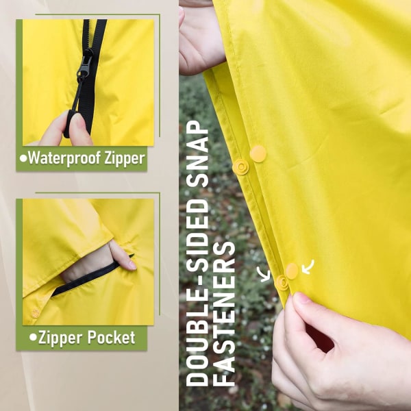 Regnfrakke til voksne, vandtæt udendørs hætte, poncho vandtæt til kvinder med lynlås, festivalponchoer vandtæt lang, vandtætte kapper plusstørrelse Yellow