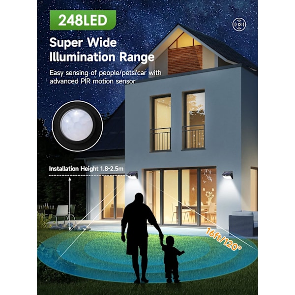 【248 LED/2000LM】4-pack solcellslampor för trädgården, superbriljanta 3-vägs solcellsdrivna LED-strålkastare för utomhusbruk.