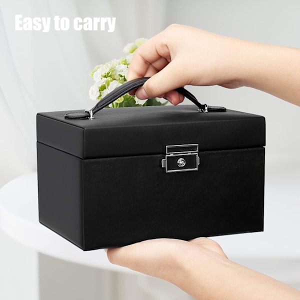 Smyckeskrin Organiser, 3 Lager PU Läder Smyckesförvaringsväska med Spegel och Lås, Låsbar Smyckesorganiserare med 2 Lådor för Ringar Black