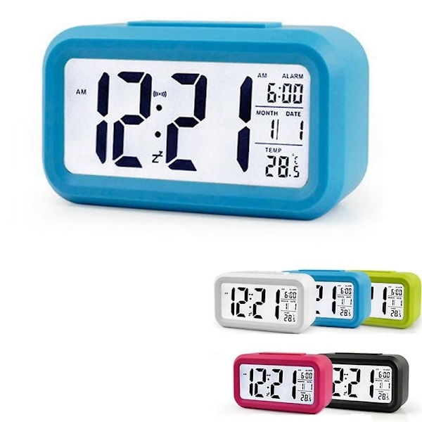 Väckarklocka med Snooze, Nattlampa, Termometer, Digital LED-Display, Batteridriven Blue