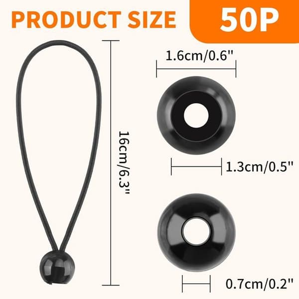 Elastiska kulbungee-snören - 50-pack - Gummi och polyester - Robusta fästen för presenningar och