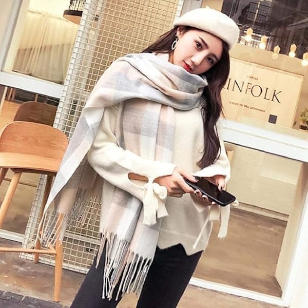 1 stk. Dame Mode Langt Sjal Stort Gitter Vinter Varmt Gitter Stort Tørklæde Light Grey