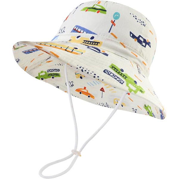 Barnebøttehatt, Unisex Barne Sommerhatt Bredbremmet Solbeskyttelseshatt, Foldbar Strandlue med Justerbar Hakestropp Car beige