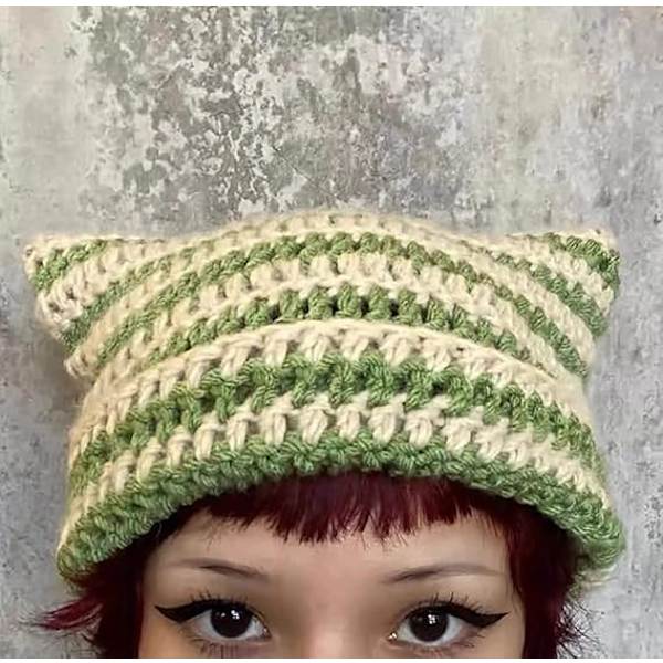 Damer Kat Beanie Hæklet Hatte med Ører Strikket Vinter Varmt Elastisk Kasket Slouchy til Piger Voksne Børn Green