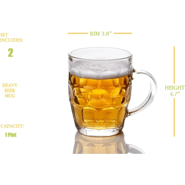 1 Pint Dimpled Ölkopp Set med 2 - Tjock Brittisk Pubglas med Handtag