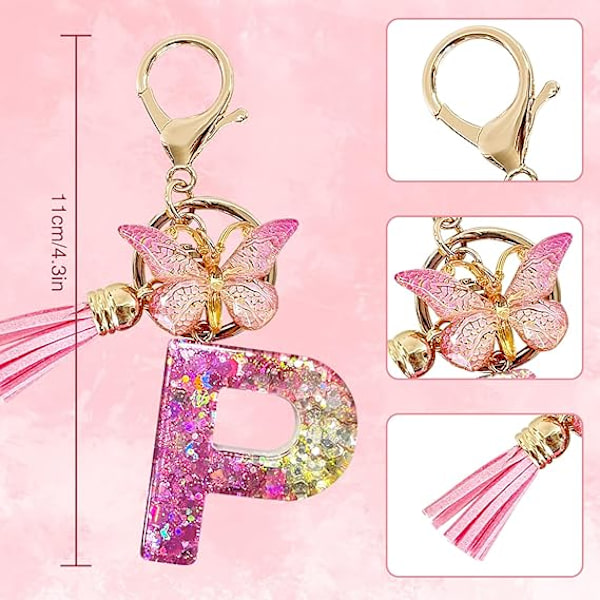Alfabetet nøglering ringe Pink Cute nøglering med sommerfugl kvast vedhæng indledende bogstaver P