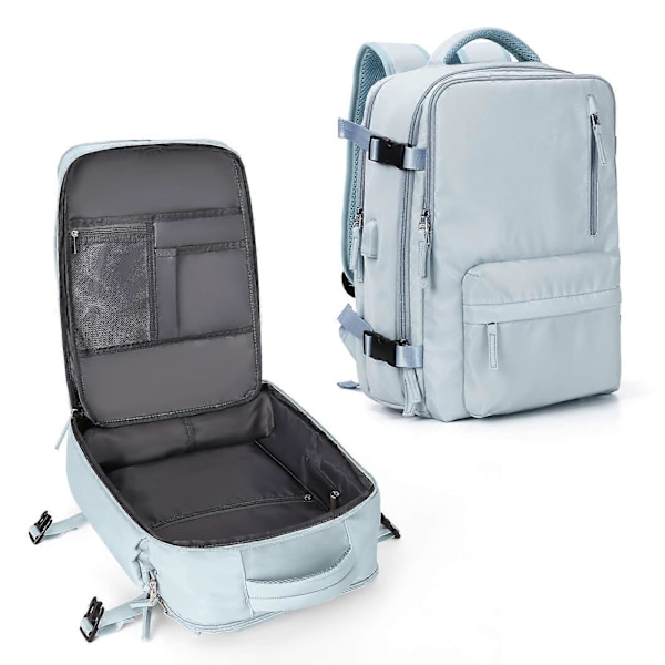 Vattentät Lätt Reseryggsäckar Stor Kapacitet Kvinnors Multifunktionell Resväska USB-Laddning Kvinna Flygbagage Light Blue 43x30x20cm