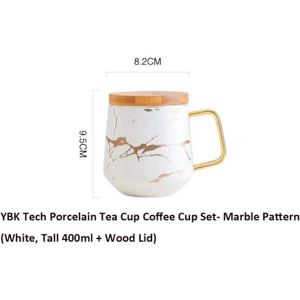 Porcelæn Te Kop Kaffe Kande Sæt til Eftermiddagste - Marmor Mønster (Sort, Kort 300ml + Træ Underkop)