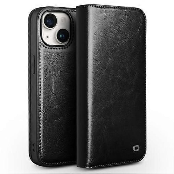 QIALINO Klassiskt äkta läderfodral för iPhone 15 Black 15 Plus