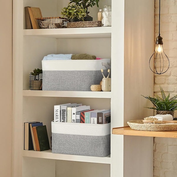 Oppbevaringskurv for hyller, oppbevaringsbokser med håndtak, store oppbevaringsbeholdere i stoff for organisering av hjem og kontor, hvit og grå White/Grey 15inch-4pack