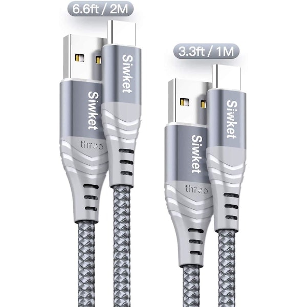USB Type C-kabel 3A rask lading, 2-pakning 1m 2m USB A til USB C ladekabel flettet data synkronisering for Samsung S10 S9 S8