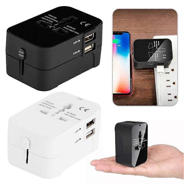 Universaali kansainvälinen matkapistokesovitin, seinälaturimuunnin 2 USB-portilla, perhelomille White
