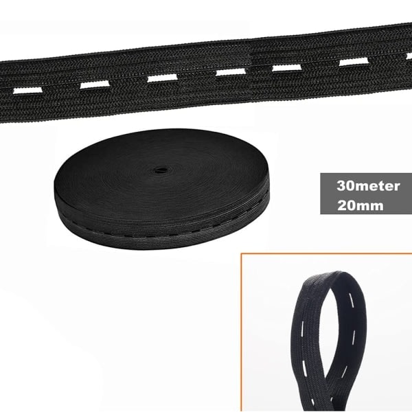 30m x 20mm elastikbånd med knaphul, hul elastisk flad