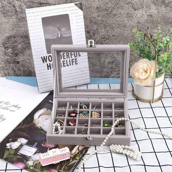 Fløjls Smykkeæske Smykke Organiser til Ring Øreringe Halskæde Smykke Display Æske Opbevaringsæske Smykke Showcase med Låg til Kvinder Pige Grey