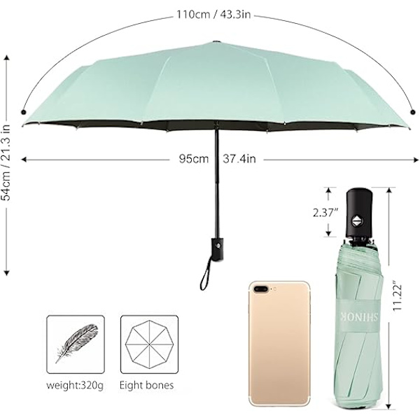 Rejseparasol Foldbar Kompakt Parasol Automatisk Åbning og Lukning Solregnparasol med Ærme Green
