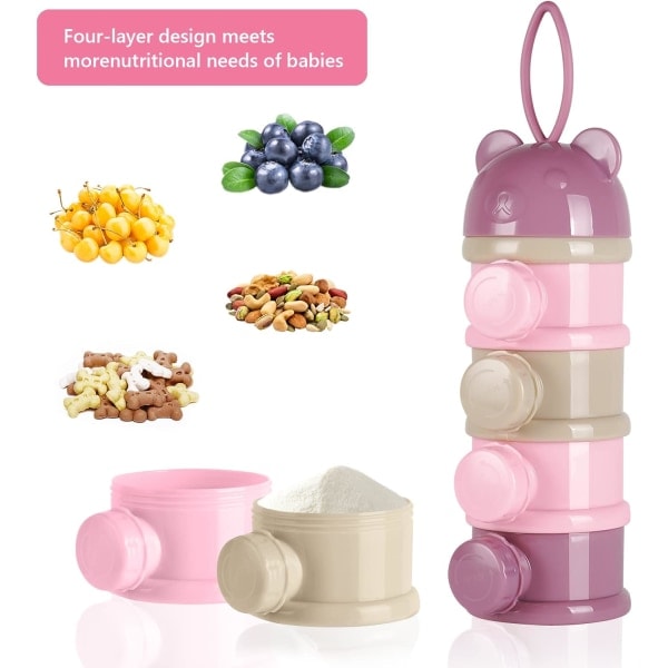 Babymælk Pulver Dispenser, Bærbar 4 Lag 270ml Per Lag Twist-Lock Rum, Børn Baby Opbevaringsbeholder Stabelbare Beholdere Pink/Purple