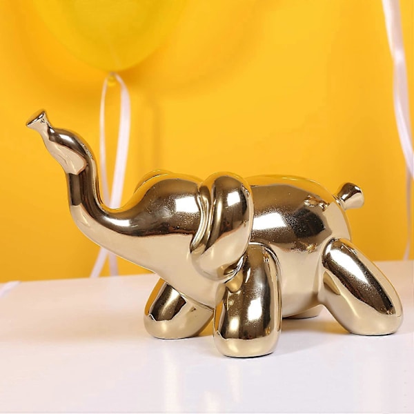 Gull Elefant Hjemmedekor Ballong Figur Høydepunkt, Liten Keramisk Dyrestatue Håndlaget Skulptur Ornament