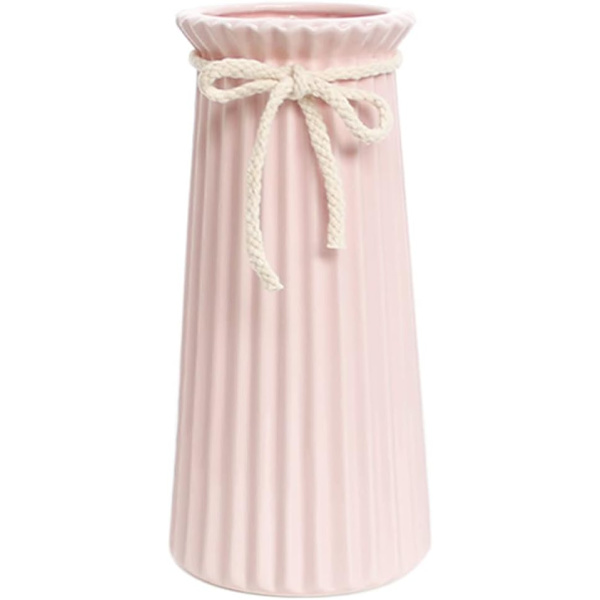 1 stk. Hvid Keramisk Ribbet Vase til Minimalistisk Moderne Hjemindretning, Dekorativ Blomster Vase til Kontor Soveværelse Pink Height 9.6inch - 24.5cm