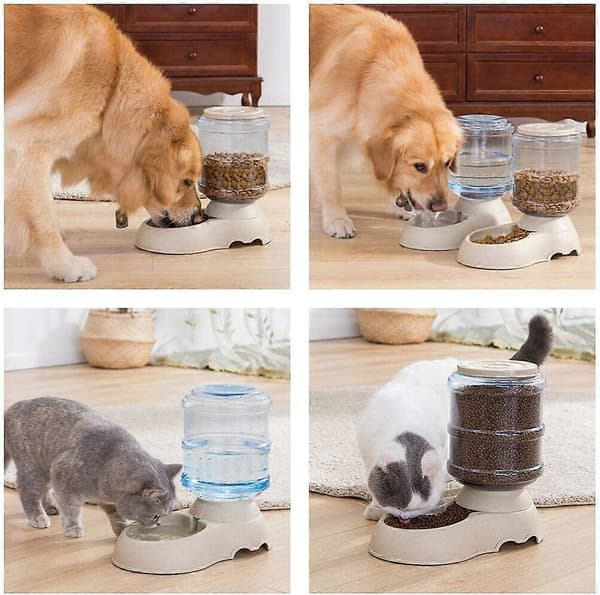 Kibble Mad- og Vanddispenser, Automatisk Drikkefontæne, Drikke- og Foderautomat til Kat/Hund/Kæledyr 3,8L x 2 stk. og Fodermåtte