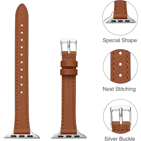 Läderarmband Kompatibelt med Apple Watch-armband Äkta Slim&Thin Läderersättningsband, Armband för iwatch Serie Kvinnor Män Brown&Silver 42/44/45/49mm
