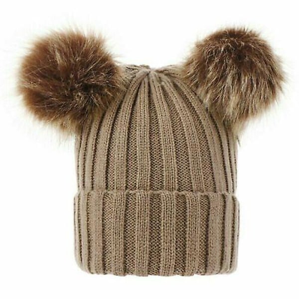 Nyfödd Baby Pojke Flicka Dubbel Pälsboll Mössa Vinter Varm Stickad Toffsmössa Khaki Adult