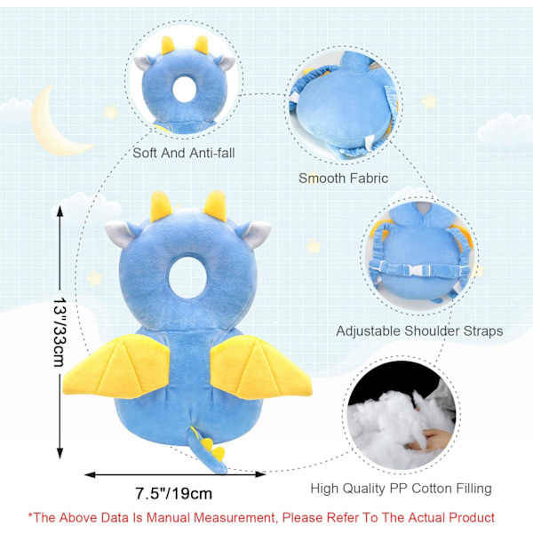 Babyhuvudskydd, Babyhuvudskyddsryggsäck, Justerbara småbarnshuvudskyddssäkerhetsdynor, för 4-24 månaders babyinlärning att gå Plush Dragon