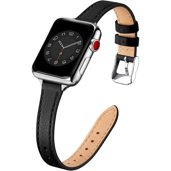 Lærreim Kompatibel med Apple Watch Remmer Ekte Slank & Tynn Lærutskiftingsreim, Armbånd for iwatch Serie Kvinner Menn Black&Silver 42/44/45/49mm