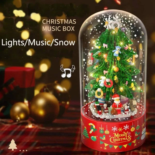 Julmusikask med julgran Byggklossar DIY Dockhus Nyår Tomte