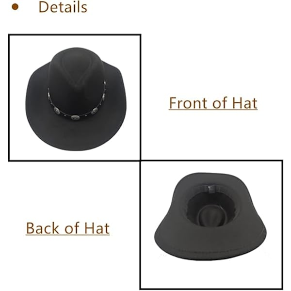 Cowboyhatt för kvinnor Westernhatt för män Cowboyhatt i filt Justerbar utomhushatt med formbar brätte Black