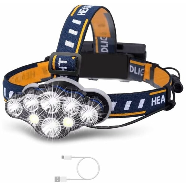 Ljusstark 18000 lumen 8 LED 8 lägen USB strålkastare med rött indikatorljus, vattentät uppladdningsbar pannlampa, pannlampa för camping, fiske, jogging
