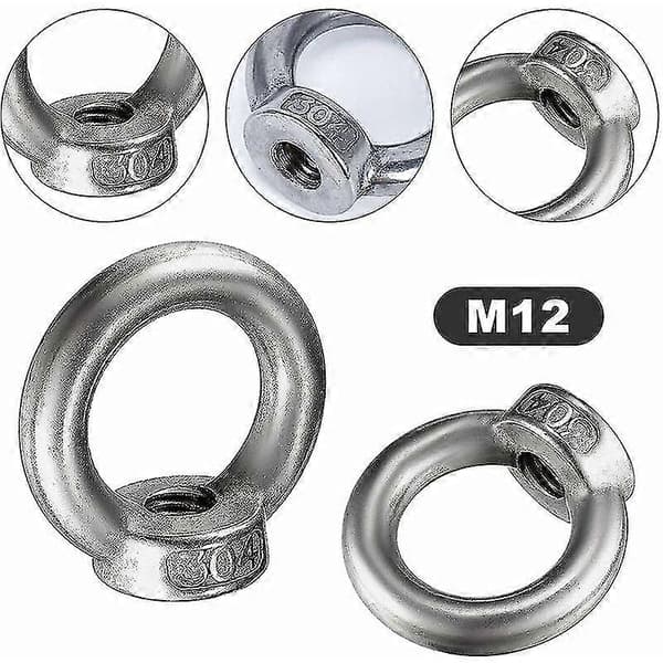 6 stk. M12 løfteøye mutter rustfritt stål ringmutter metrisk maskinvare ringformet FemFixing gjenget mutter for løftetilbehør, overflatepolering, S