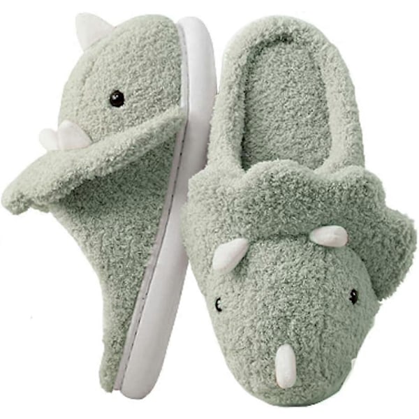 Voksne Unisex Dyresko Fluffy Plysj Dinosaur Design Hjemmesko Morsomme Triceratops Sko Anti-Skli Soveromssko Green 36-37