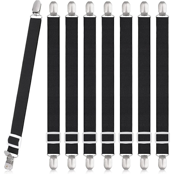 8 st sängklädesklämmor, justerbara sängklädesgripare, hög elastiska lakan med spännen, lakanfästen max stretch 120 cm, lakanhållare Black