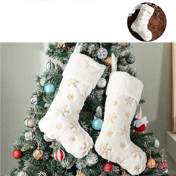 2 par Gull Julestrømper Fuskepels Gull Stor Snøfnugg Julestrømpe for Juletrepynt Ornamenter - Gull