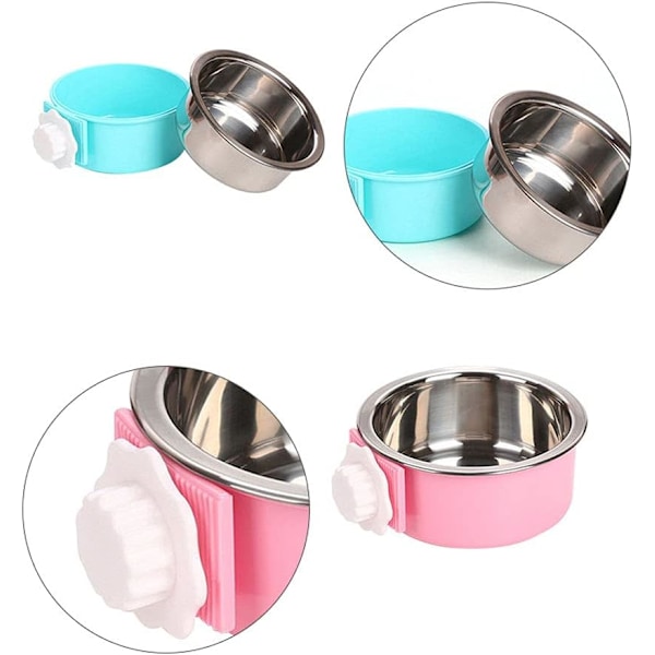 1 STK 2-I-1 Aftagelig Hundebolle til Kasser Hvalpefodermater Vandskål med Boltholder Rustfrit Stål Hængende Skål til Kæledyr Blue Small - Round