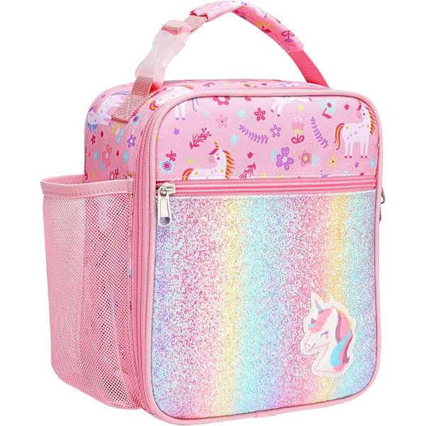 Tyttöjen Lounaskassi, Eristävä Lounaskassi Lapsille, Kannettava Lounaskylmälaukku Kouluun, Pullotelineellä, Vedenkestävä Vuori, Vaaleanpunainen Yksisarvinen Glitter Unicorn